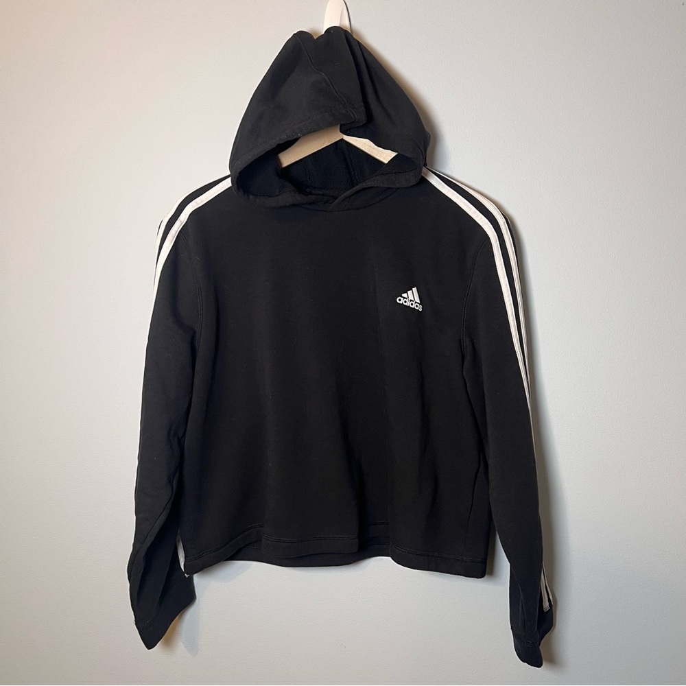 Adidas Cropped Hoodie Women’s XL Black‎ 3 Stripe Sweatshirt Pullover Workout Gym
